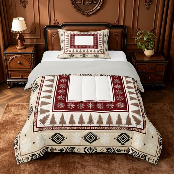 jejeloiu Cabin Snowflake Twin Comforter Sets,Lodge Pattern Bedding Set For Boys,Beige Red,Light Gray Reversible,2-Piece,1 Comforter and 1 Pillowcase