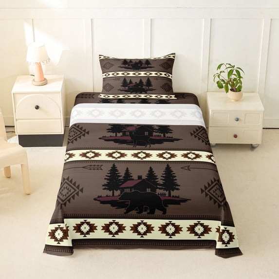 jejeloiu Cabin Wildlife Twin Sheets,Forest Print Bedding For Boys,Brown Cream,3pcs,1 Fitted Sheet and 1 Pillowcase