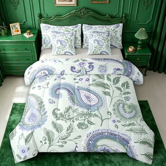 jejeloiu Calm Paisley 7pcs Queen Bedding,Botanical Print Bedding Comforter Set Queen For Adults,Mint Purple,Light Gray Reversible