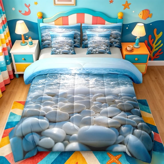 jejeloiu Calm Pebble Beach 7 Pieces Full Size Bedding Sets For Girls,Blue Stone Ocean Print Full Size Bed in a Bag,Light Blue,Light Gray Reversible