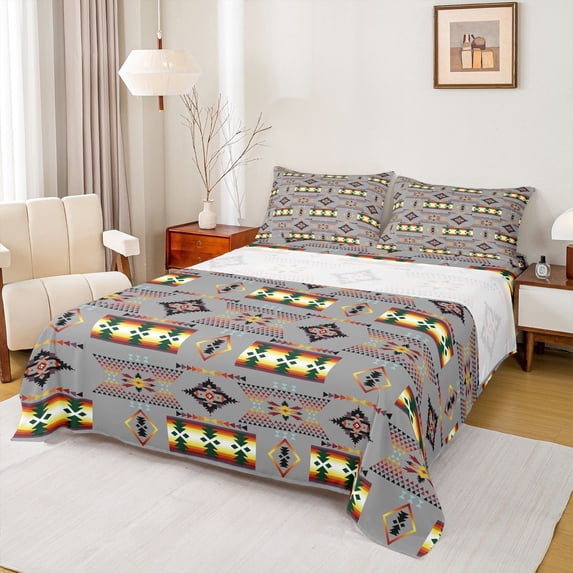 jejeloiu Calm Tribal Bed Sheets,Serene Print Full Size Sheets For Boys,Gray Multicolor,4pcs,1 Flat Sheet, 1 Fitted Sheet and 2 Pillowcases