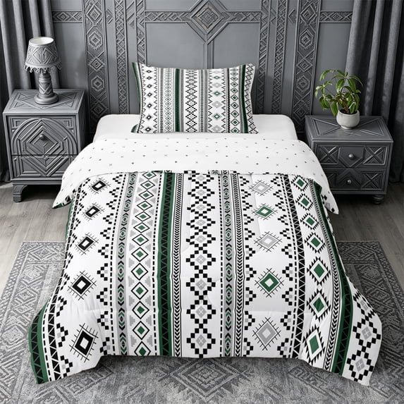 jejeloiu Calm Tribal Twin Comforter Sets,Nature Print Bedding Set For Boys,Green White,Reversible,2-Piece,1 Comforter and 1 Pillowcase