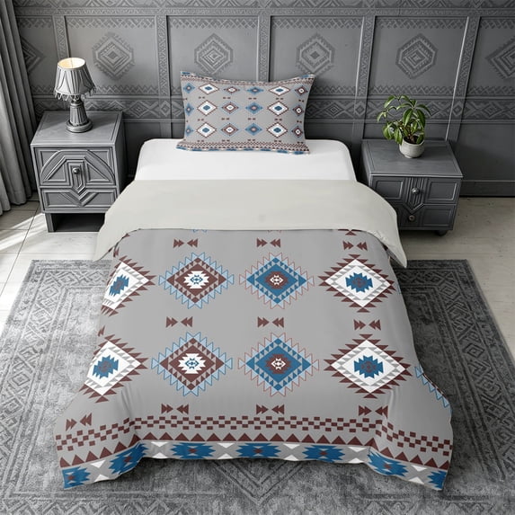 jejeloiu Calm Tribal Twin Duvet Cover,Serene Print Twin Bedding For Boys,Green Red,Light Gray Reversible,2pcs,1 Duvet Cover and 1 Pillowcase
