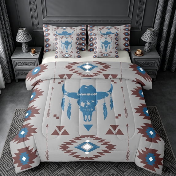jejeloiu Calm Western 7 Pieces Full Size Bedding Sets,Serene Print Full Size Bed in a Bag For Boys,Gray Blue,Light Gray Reversible