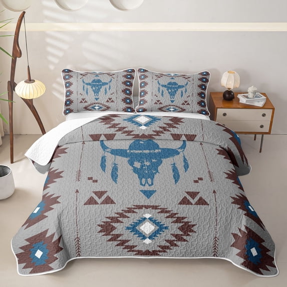 jejeloiu Calm Western Twin Quilt Set,Serene Print Twin Coverlet Set For Boys,Gray Blue,2-Piece