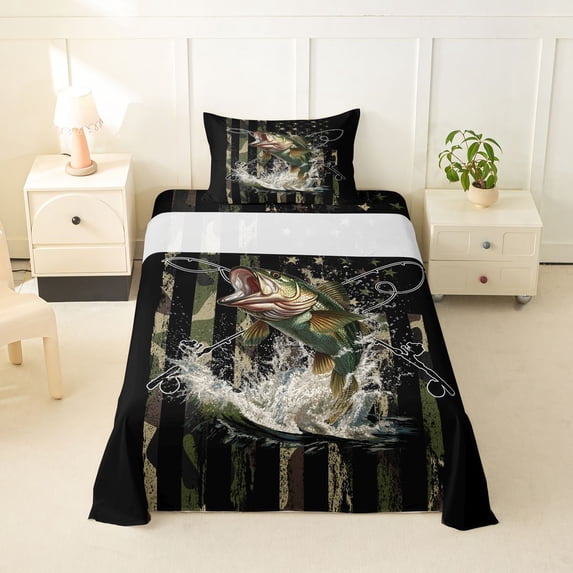 jejeloiu Camo Bass Fishing Twin Sheets,American Flag Inspired Bedding For Boys,Black Green,3 Pieces,1 Fitted Sheet and 1 Pillowcase