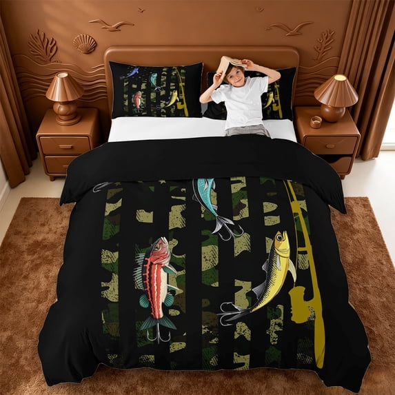 jejeloiu Camo Fishing Bedding,Bass Rod Print Duvet Cover Full For Boys,Green Black,Black Reversible,3-Piece,1 Duvet Cover and 2 Pillowcases