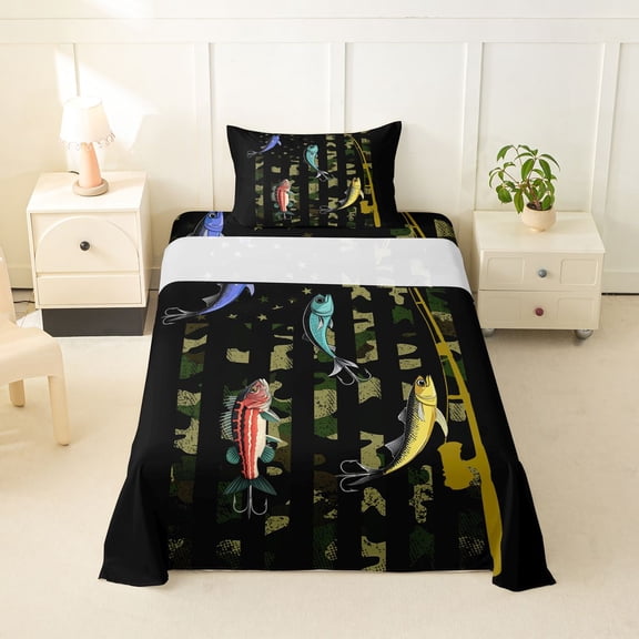 jejeloiu Camo Fishing Twin Sheets,Bass Rod Print Bedding For Boys,Green Black,3pcs,1 Fitted Sheet and 1 Pillowcase