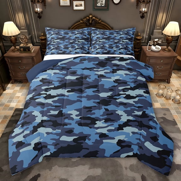 jejeloiu Camo Hunter Queen Comforter Set,Blue Camouflage Bedding Comforter Set For Teens Boys Reversible 3pcs