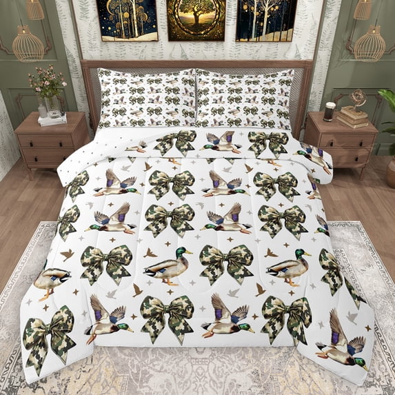 jejeloiu Camo Print Bowtie Full Size Comforter Sets,Wild Mallard Duck Bedding Comforter Set,Green White Bedding Sets For Teens,Super Cozy Room Decor Reversible,3pcs