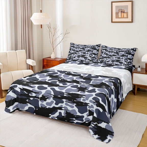 jejeloiu Camo Queen Sheet Sets,Rustic Camo Flat Sheet,Deepblue Camouflage Queen Fitted Sheet For Boys Kids,Microfiber Bedroom Decor,4pcs