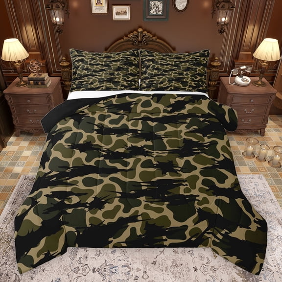 jejeloiu Camouflage Camo Pattern Bedding Comforter Set,Hunting Farmhouse Camping Twin Comforter Sets,Green Black Brown Bedding Set For Men Women,Luxury Bedroom Decor Reversible,2 Pieces
