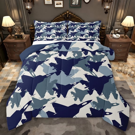 jejeloiu Camouflage Full Size Comforter Sets,Blue Airplane Aircraft Bedding Sets For Boys Kids Reversible 3-Piece