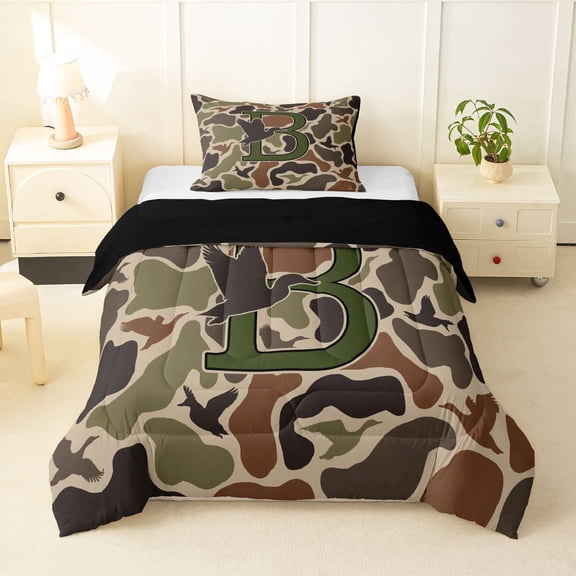 jejeloiu Camouflage Themed Initial B Twin Comforter Sets For Kids,Rustic Mallard Duck Bedding Set,Black Reversible,2pcs