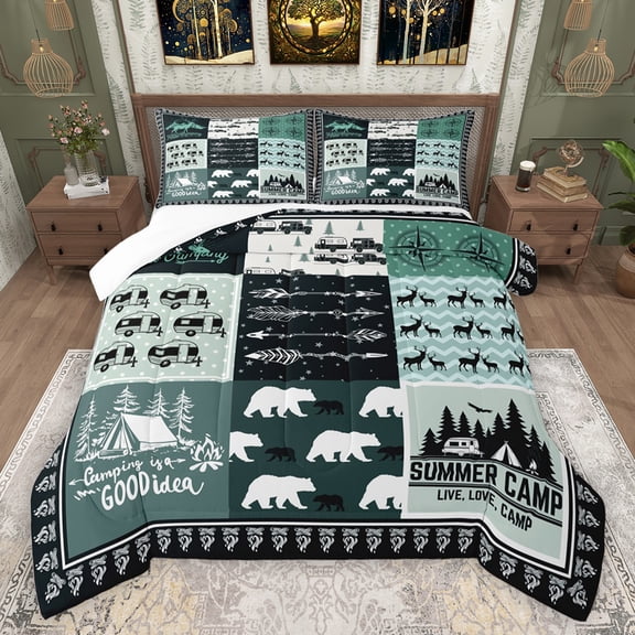 jejeloiu Camp Camper CarQueen Comforter Set,Geometric Stripe Grid Bedding Sets,Kawaii Bear Deer Bedding Comforter Set For Boys Tens,Breathable Home Decor,3pcs