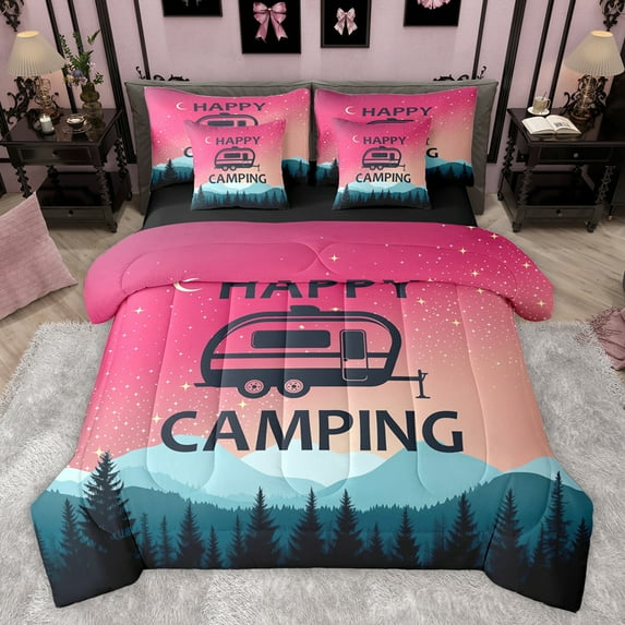 jejeloiu Camper Adventure 7-Piece Twin Bedding Sets,Happy Camping Bedding Comforter Set,Pink Teal Black Sheet Sets For Girls,Breathable Home Decor Reversible