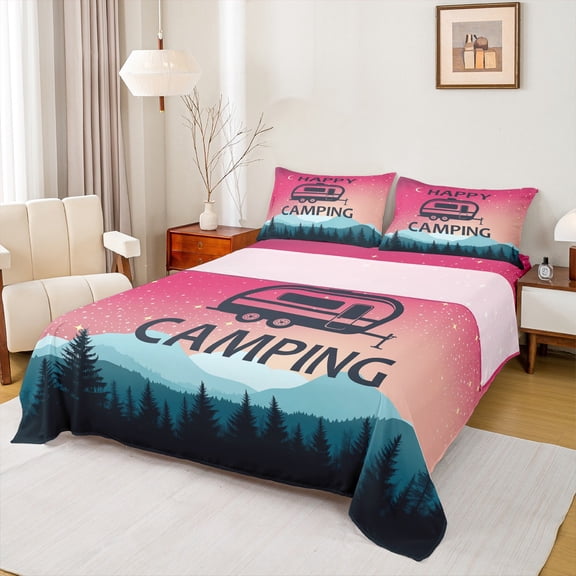 jejeloiu Camper Adventure Full Size Sheets,Happy Camping Bed Sheets,Pink Teal Black Sheet Sets For Girls,Breathable Home Decor,4 Pieces