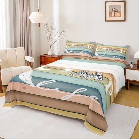 jejeloiu Camper Camping Queen Sheet Sets,Colorful Old Wooden Flat Sheet,Abstract Geometric Stripe Queen Fitted Sheet For Kids,Ultra Soft Home Decor,4 Pieces
