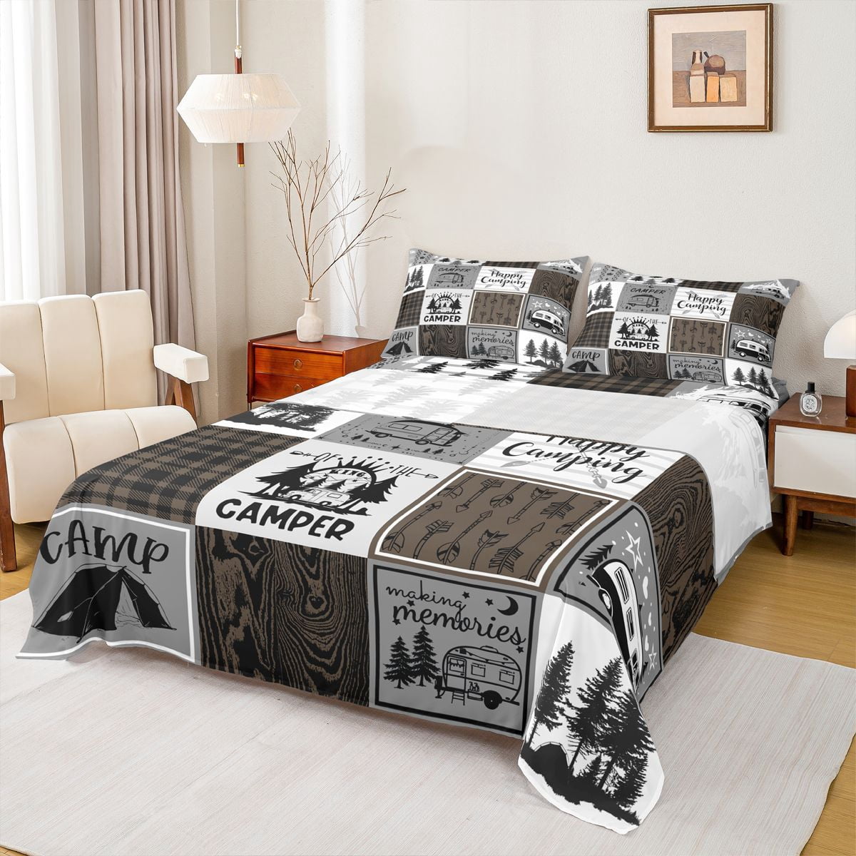 jejeloiu Camper Car Rv Bed Sheets,Happy Camping King Sheets,Rustic ...