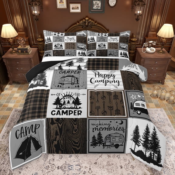 jejeloiu Camper Car Rv Queen Comforter Set,Happy Camping Bedding Sets,Rustic Farmhouse Cabin Bedding Comforter Set For Men Women,Luxury Bedroom Decor Reversible,3 Pieces