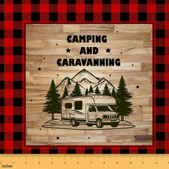 jejeloiu Camping Camper Fabric by the Yard 2 Yards, Caravanning RV Accessories Room Decor Fabric by the Yard, Rustic Farmhouse Sewing Fabric, Black Red Plaid Room Decor