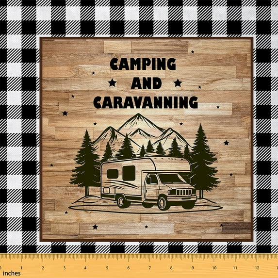 jejeloiu Camping Camper Fabric by the Yard 3 Yards, Caravanning RV Accessories Sewing Fabric, Rustic Farmhouse Fabric for Sewing, Black White Plaid Room Decor
