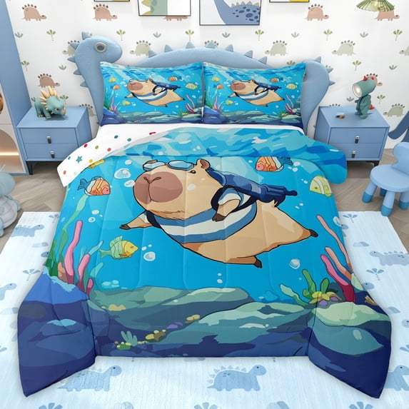 jejeloiu Capybara Animals Lovers Queen Comforter Set,Ocean Sea Fish Bedding Comforter Set For Girls Teens Reversible 3-Piece