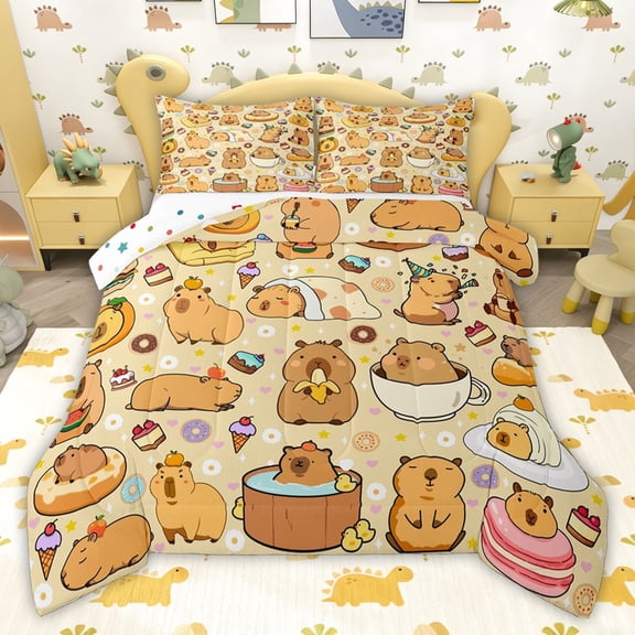jejeloiu Capybara Animals Lovers Twin Comforter Sets,Sweet Cake Ice Cream Bedding Set For Girls Teens Reversible 2pcs