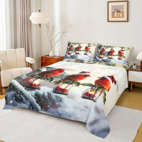 jejeloiu Cardinal Bird Bed Sheets,Merry Christmas King Sheets,Xmas Snow Berry Sheet Set,Luxury Bedroom Decor,4-Piece
