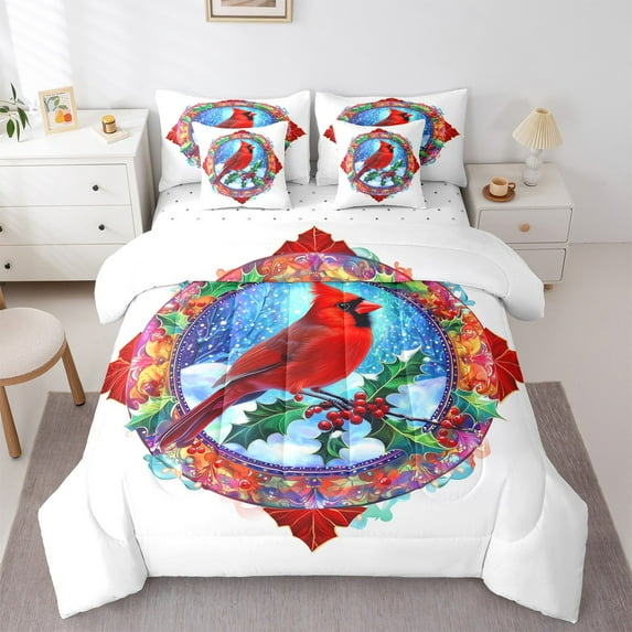 jejeloiu Cardinal Bird Bedding Comforter Set 7 Pieces,Merry Christmas Full Bedding Set,Rustic Xmas Berry Fitted Sheet Flat Sheet,Super Cozy Room Decor