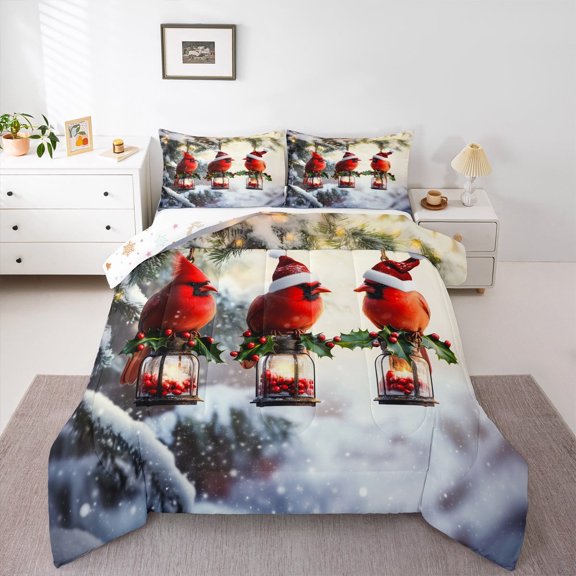 jejeloiu Cardinal Bird Full Size Comforter Sets,Merry Christmas Bedding Comforter Set,Xmas Snow Berry Bedding Sets,Luxury Bedroom Decor Reversible,3 Pieces