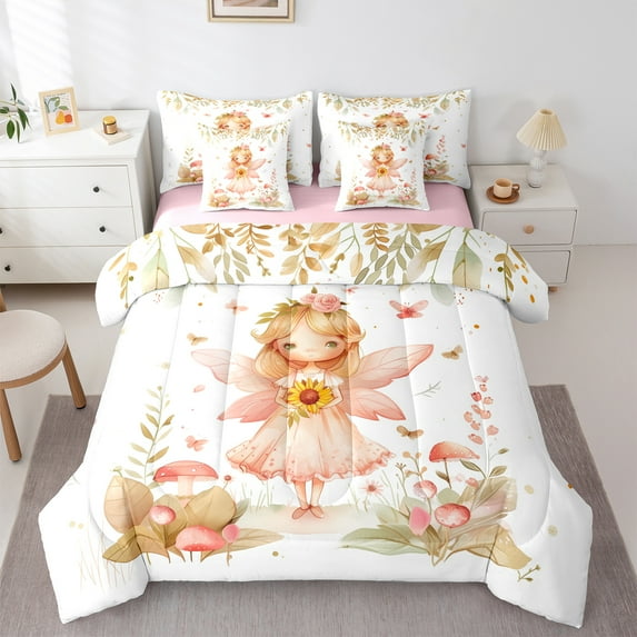 jejeloiu Caroon Elf Girls 7pcs Bedding Comforter Set,Country Sunflower Mushroom Queen Bedding Sets,Fairy Tale Theme Queen Sheet Sets For Princess,Super Cozy Room Decor Reversible