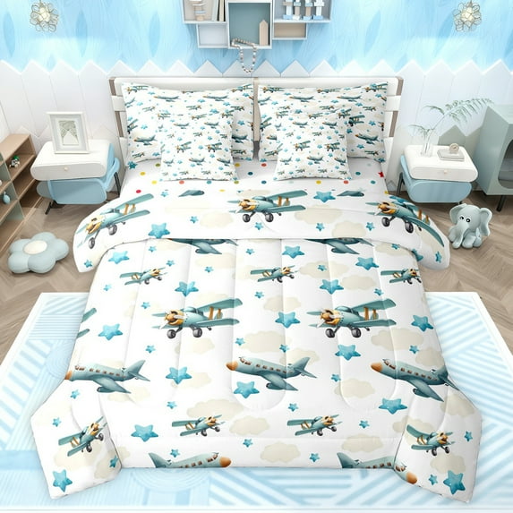 jejeloiu Cartoon Airplane 7-Piece Twin Bedding Sets,Vintage Aircraft Theme Bedding Comforter Set,Blue Stars Pattern Sheet Sets For Boys Kids,Breathable Home Decor Reversible