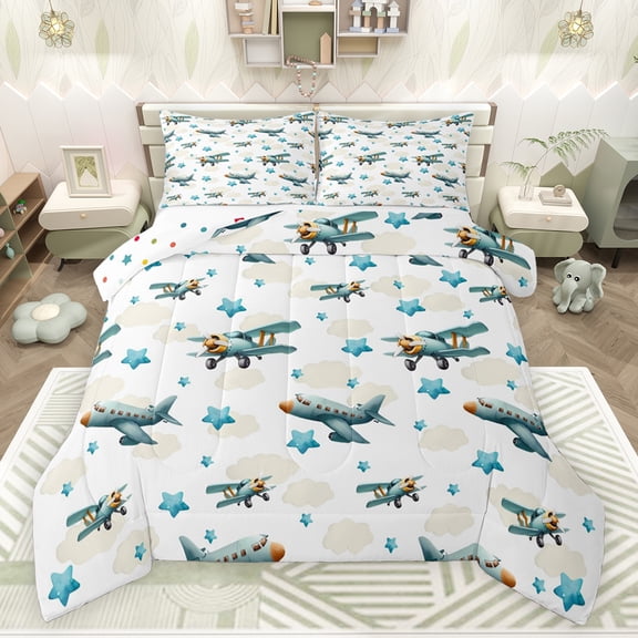 jejeloiu Cartoon Airplane Bedding Comforter Set,Vintage Aircraft Theme Twin Comforter Sets,Blue Stars Pattern Bedding Set For Boys Kids,Breathable Home Decor Reversible,2pcs