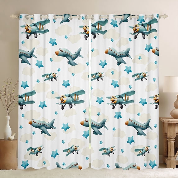 jejeloiu Cartoon Airplane Black Out Curtains,Vintage Aircraft Theme Curtains Pack of 2 (42x63 Each),Blue Stars Pattern Bedroom Curtains For Boys Kids,Breathable Home Decor