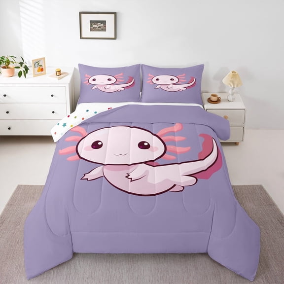 jejeloiu Cartoon Animal Axolotl Bedding Comforter Set,Watercolor Sealife Twin Comforter Sets,Kawaii Salamander Bedding Set,For Teens,Microfiber Bedroom Decor Reversible,2-Piece