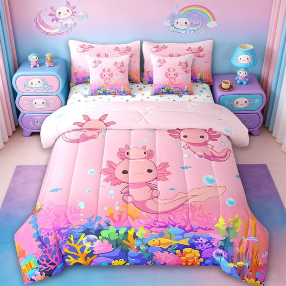 jejeloiu Cartoon Animal Axolotl Twin Bedding Sets,7-Piece,Ocean Sealife Bedding Comforter Set,Colorful Seaweed Shell Sheet Sets For Girls Kid,Breathable Bedroom Decor Reversible