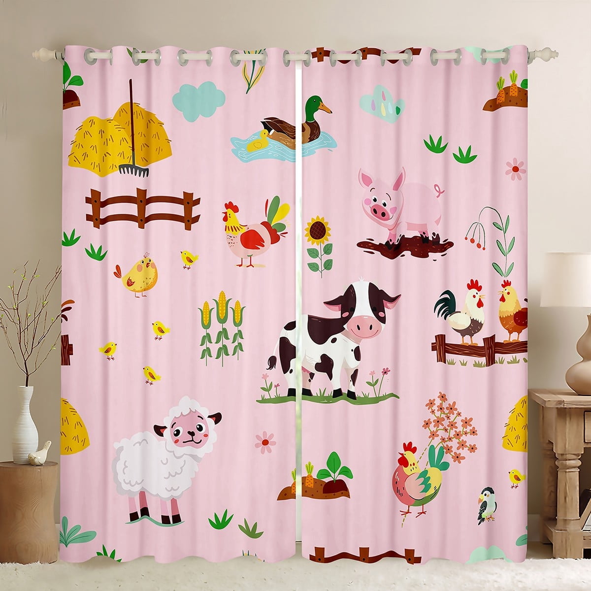 jejeloiu Cartoon Animal Blackout Curtains Set of 2 (52x84 Each),Cow Sheep Pig Window Curtains,Funny Country Theme Curtains and Drapes For Girl Boys,Super Cozy Room Decor