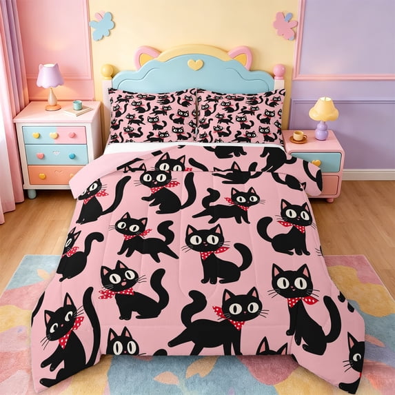 jejeloiu Cartoon Animal Cat Full Size Comforter Sets Kids,Cute Kitten Print Bedding Sets,Reversible,3-Piece