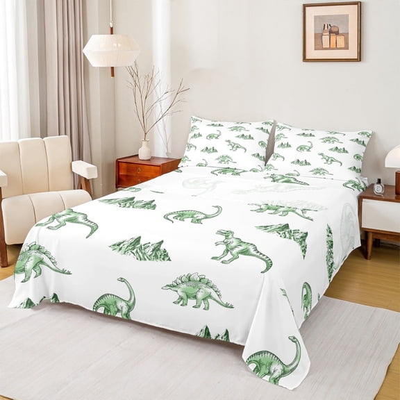 jejeloiu Cartoon Animal Dinosaur Twin Sheet Sets,Green Jungle Dino Twin Fitted Sheet,Wild Animal Flat Sheet For Boys Girls,Microfiber Room Decorative,3pcs