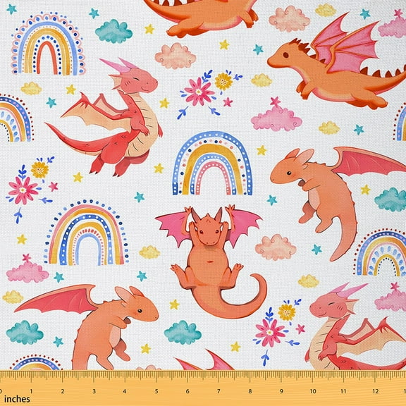 jejeloiu Cartoon Animal Dragon Fabric by the Yard 1 Yard,Colorful Bohemian Rainbow Home Decor Fabric by the Yard,Watercolor Flower Clouds Sewing Fabric For Girls Boys,Microfiber Bedroom Decor