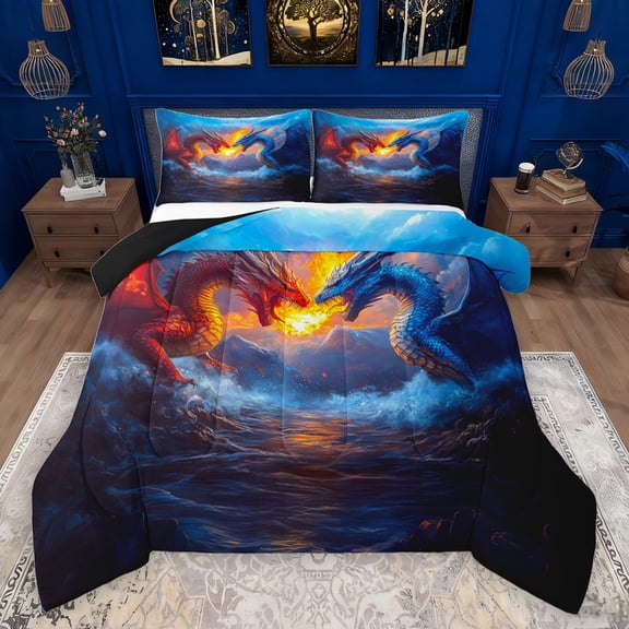 jejeloiu Cartoon Animal Dragon Queen Comforter Set,Western Fantasy Theme Bedding Sets,Orange Blue Bedding Comforter Set For Kids,Ultra Soft Home Decor Reversible,3 Pieces