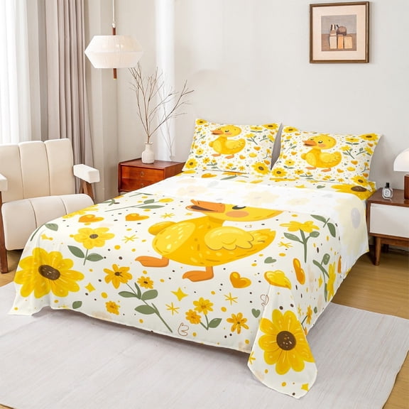 jejeloiu Cartoon Animal Duck Queen Sheet Sets,Oil Painting Flat Sheet,Yellow Daisy Floral Queen Fitted Sheet For Children,Ultra Soft Home Decor,4 Pieces