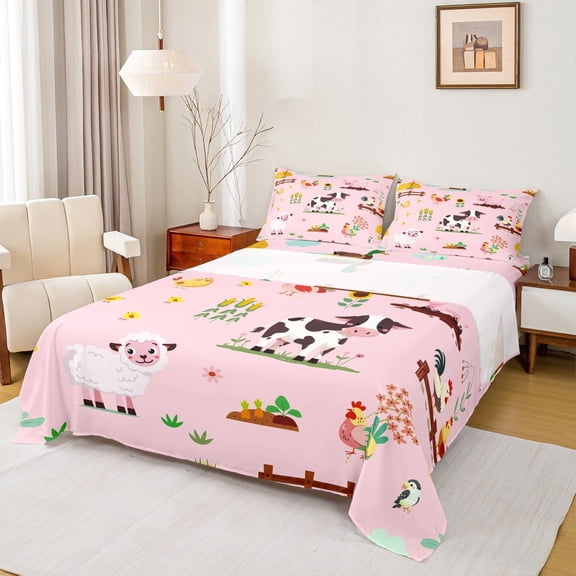 jejeloiu Cartoon Animal Full Size Sheets,Cow Sheep Pig Bed Sheets,Funny Country Theme Sheet Sets For Girl Boys,Super Cozy Room Decor,4 Pieces