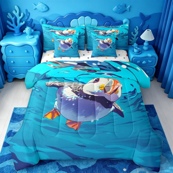 jejeloiu Cartoon Animal Puffin 7-Piece Twin Bedding,Ocean Bubble Scene Bedding Comforter Set For Boys,Bright Blue,Polkadot Reversible