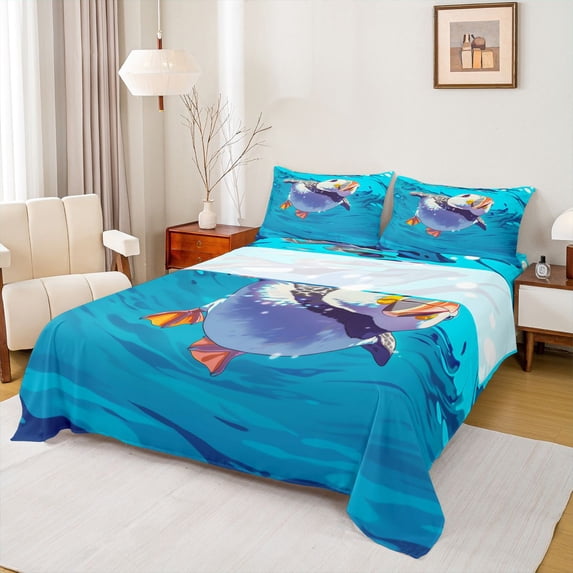 jejeloiu Cartoon Animal Puffin Bed Sheets,Ocean Bubble Scene Full Size Sheets For Boys,Bright Blue,4pcs,1 Flat Sheet, 1 Fitted Sheet and 2 Pillowcases