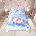 thumbnail image 1 of jejeloiu Cartoon Animal Unicorn Bedding Comforter Set 7 Pieces,Loves Stars Pattern Full Bedding Set,Pink White Blue Fitted Sheet Flat Sheet For Child,Lightweight Room Decor, 1 of 8