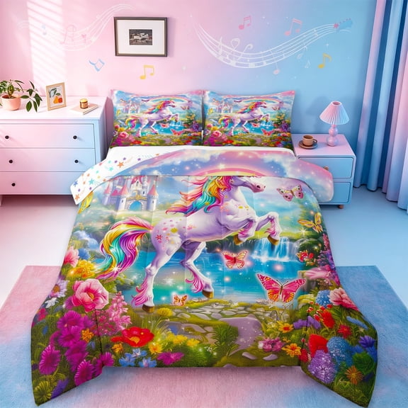 jejeloiu Cartoon Animal Unicorn Bedding Comforter Set,Chic Rainbow Castle Twin Comforter Sets,Watercolor Flower Butterflies Bedding Set For Princess,Bedroom Decor Ultra Softative Reversible,3-Piece