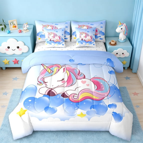 jejeloiu Cartoon Animal Unicorn Twin Bedding Sets 7-Piece,Loves Stars Pattern Bedding Comforter Set,Pink White Blue Sheet Sets For Child,Lightweight Room Decor