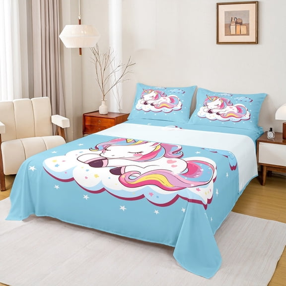 jejeloiu Cartoon Animal Unicorn Twin Sheet Sets,rainbow Stars Pattern Twin Fitted Sheet,blue pink white Flat Sheet For Child,Lightweight Room Decor,3 Pieces